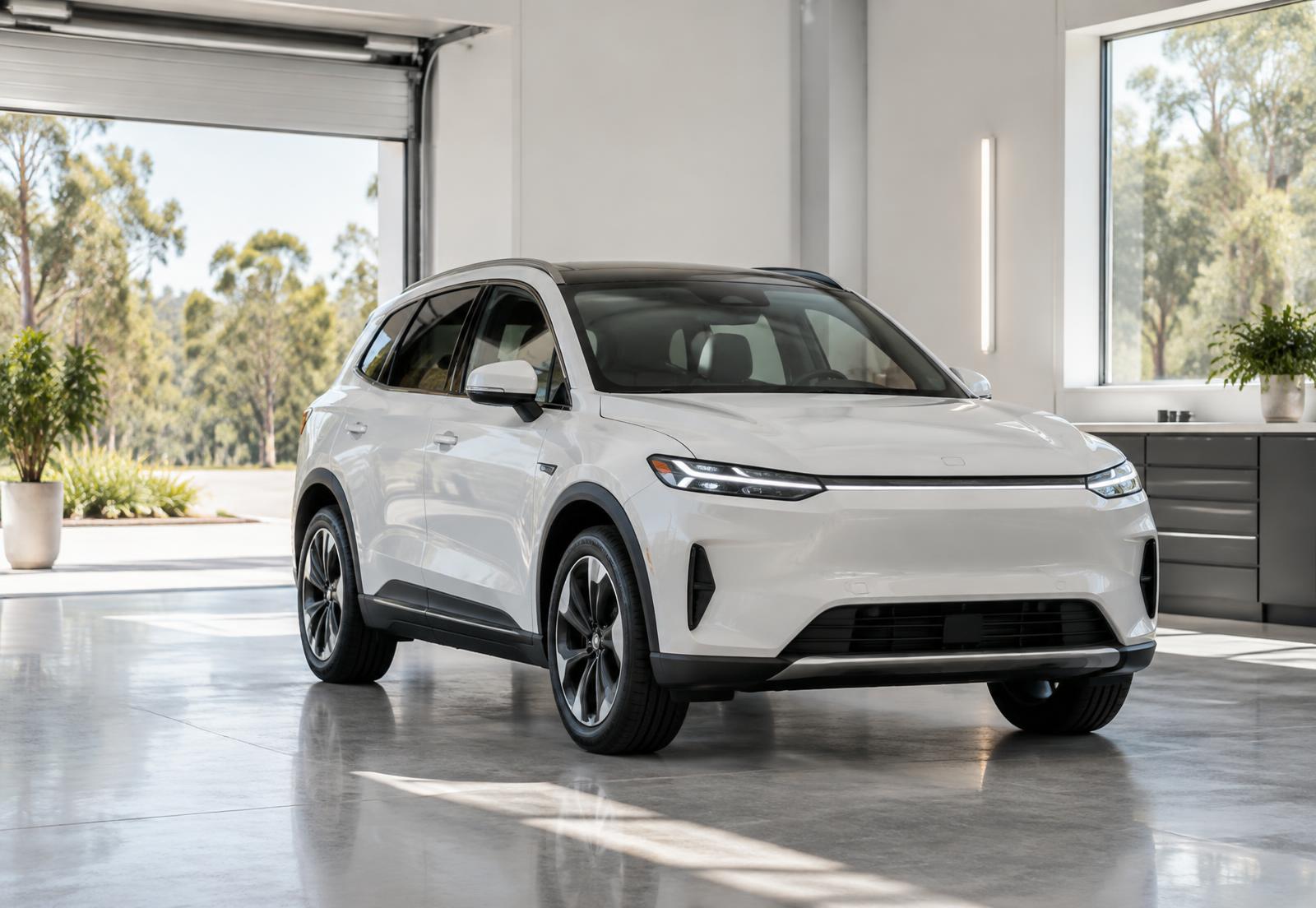 White electric SUV in a bright, clean inspection bay